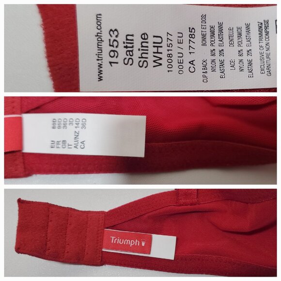 Triumph Satin Shine Push-Up Bra – Red Lace Overlay – 36D – New - Picture 11 of 11